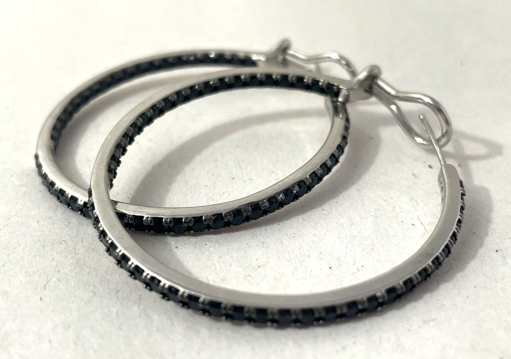 Designer FE 925 Sterling Silver Large Black Stone Pave Hoop Earrings